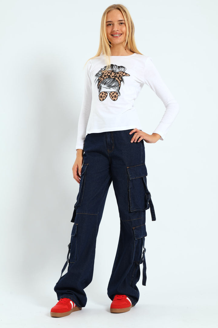 Girls Cargo Straps Raw Denim - Dark Blue