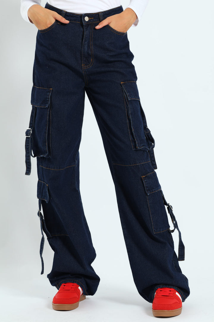 Girls Cargo Straps Raw Denim - Dark Blue