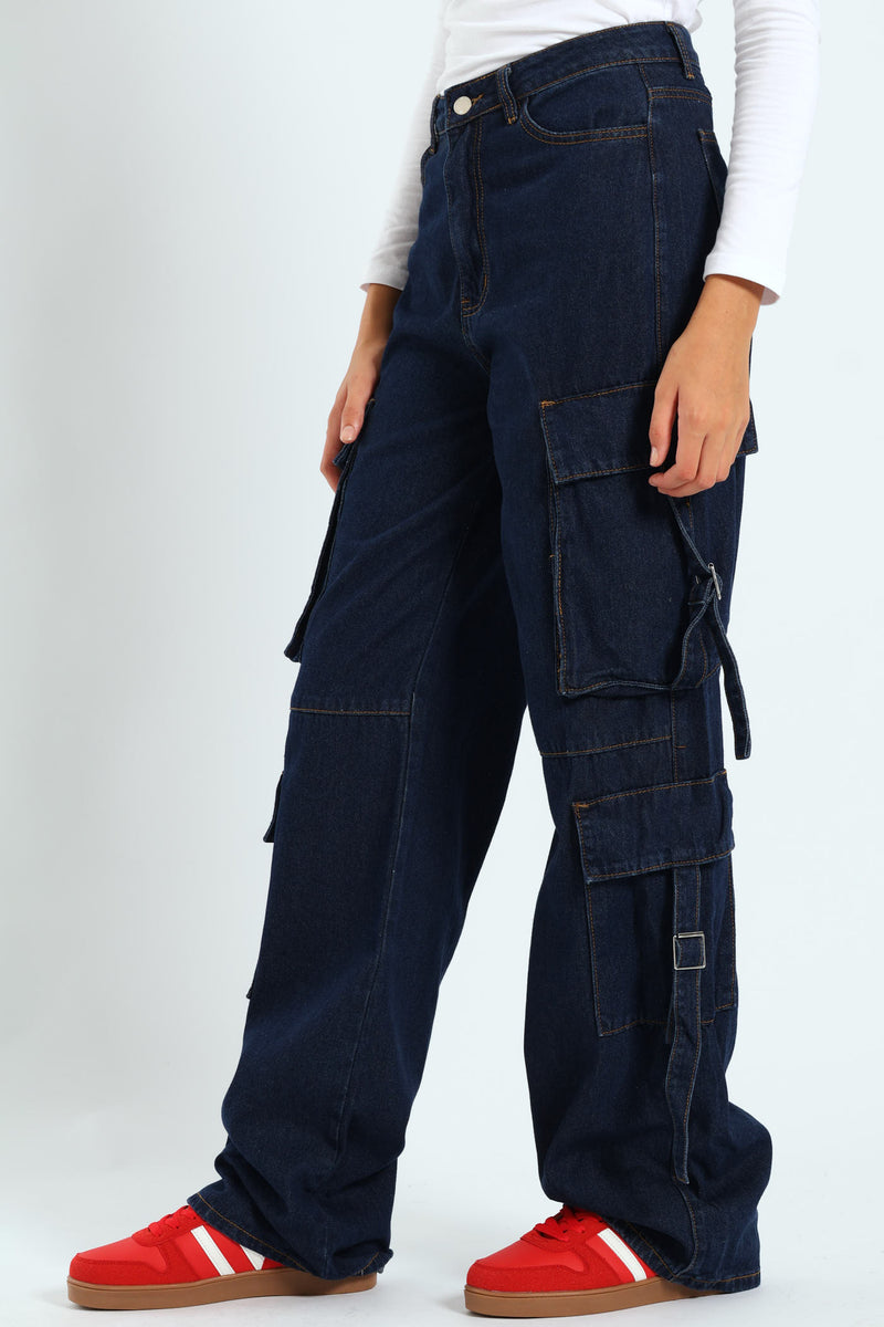 Girls Cargo Straps Raw Denim - Dark Blue