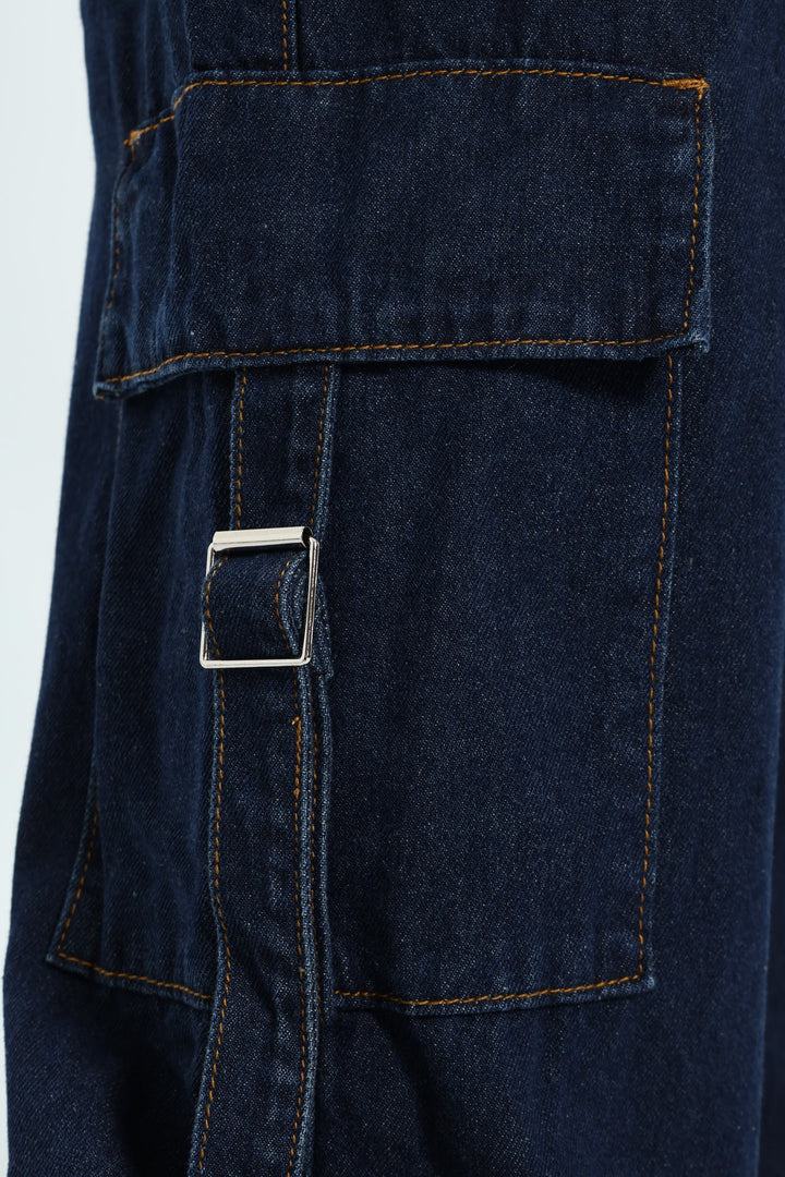 Girls Cargo Straps Raw Denim - Dark Blue
