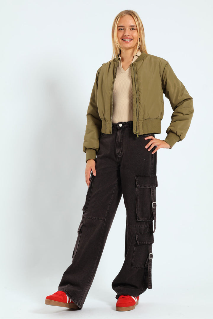 Girls Satin Bomber Jacket - Olive