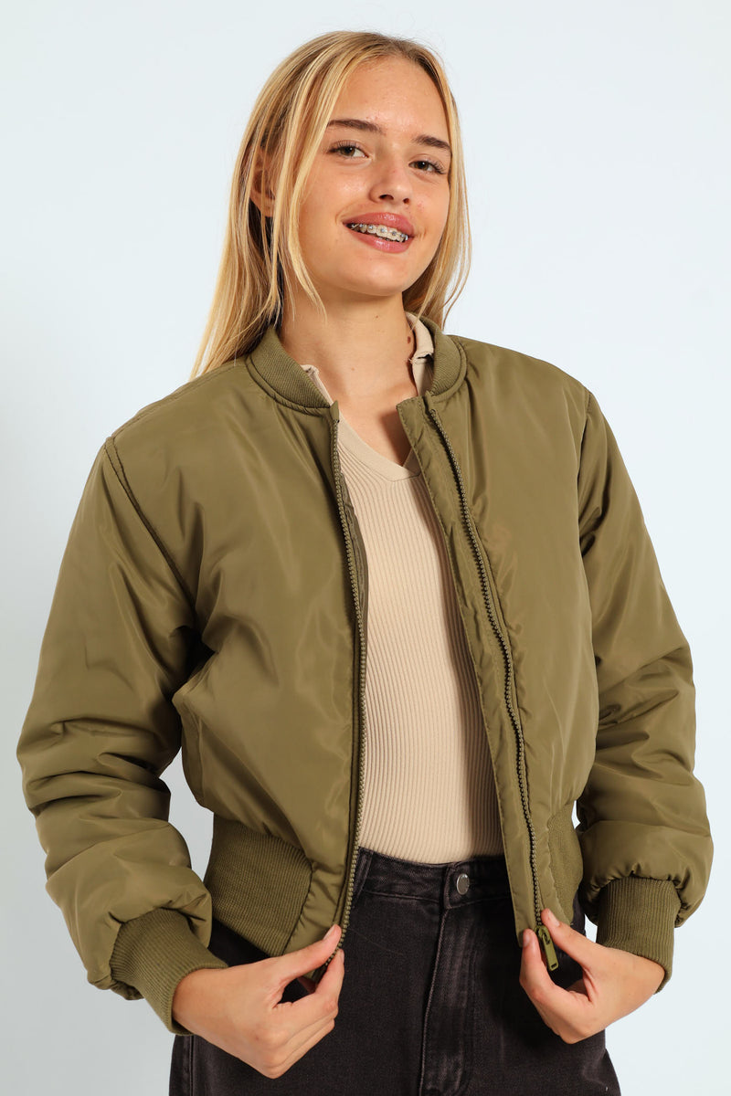 Girls Satin Bomber Jacket - Olive