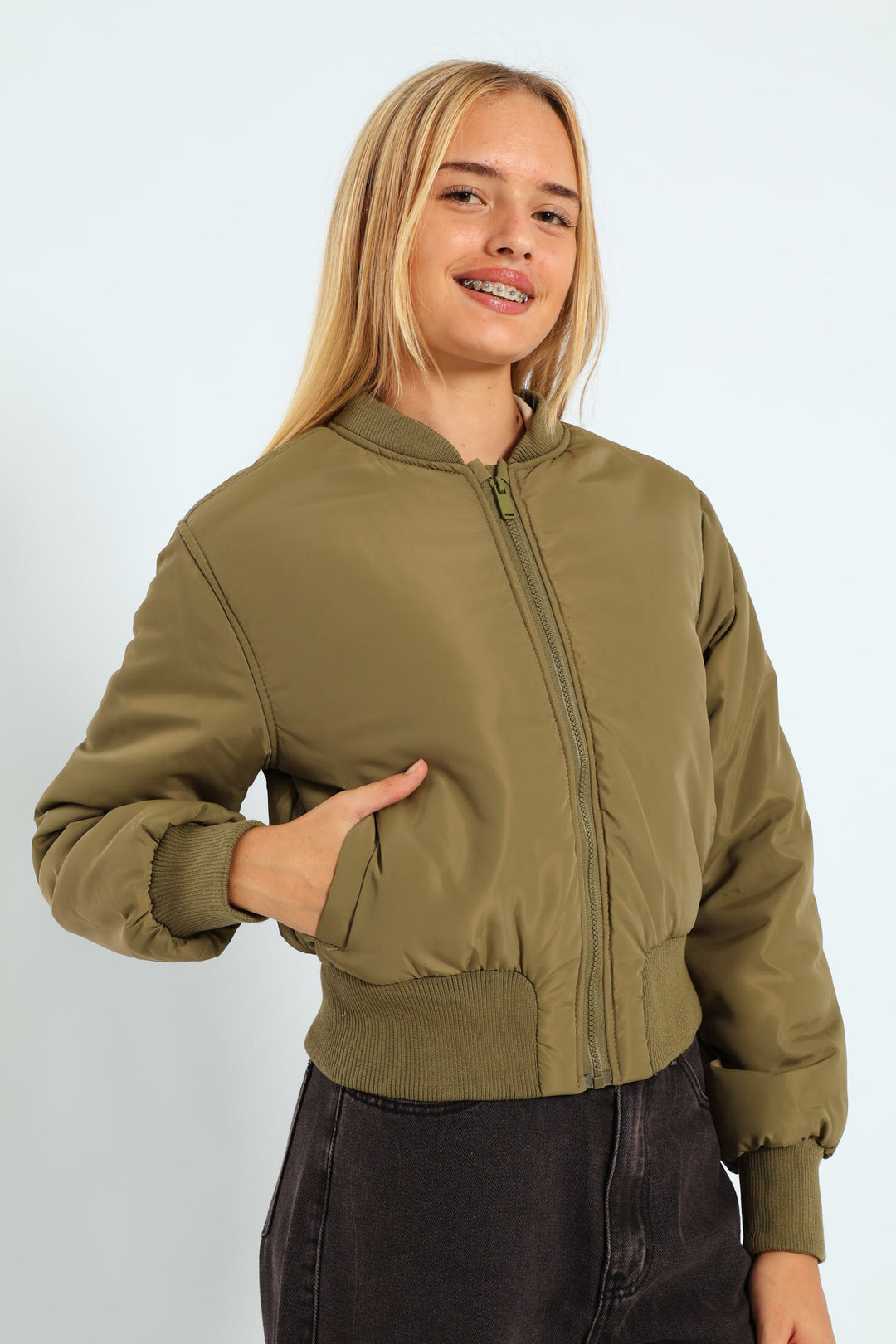 Girls Satin Bomber Jacket - Olive