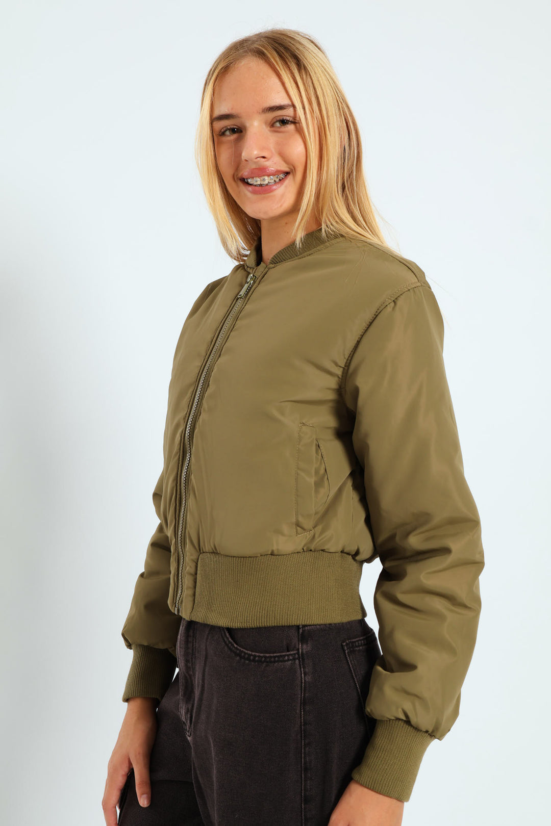 Girls Satin Bomber Jacket - Olive