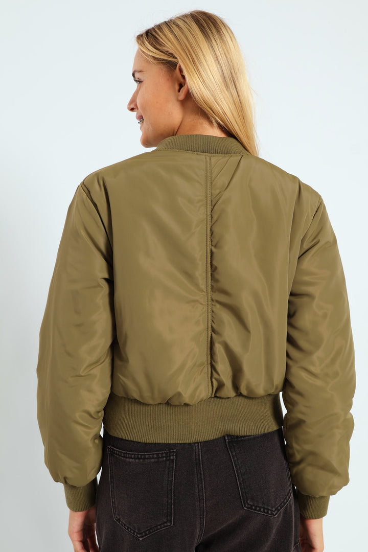 Girls Satin Bomber Jacket - Olive
