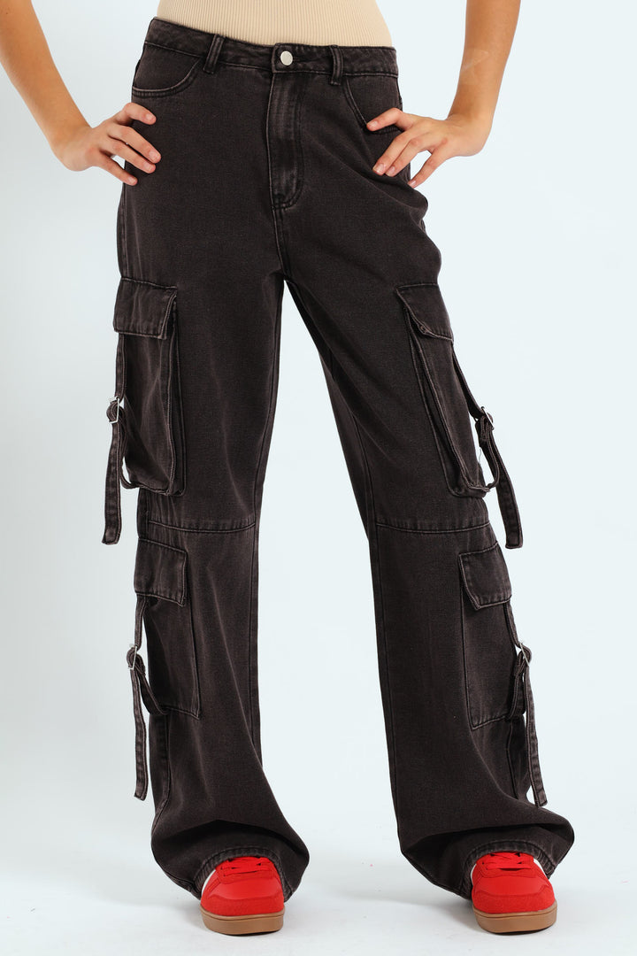 Girls Cargo Straps Denim - Charcoal