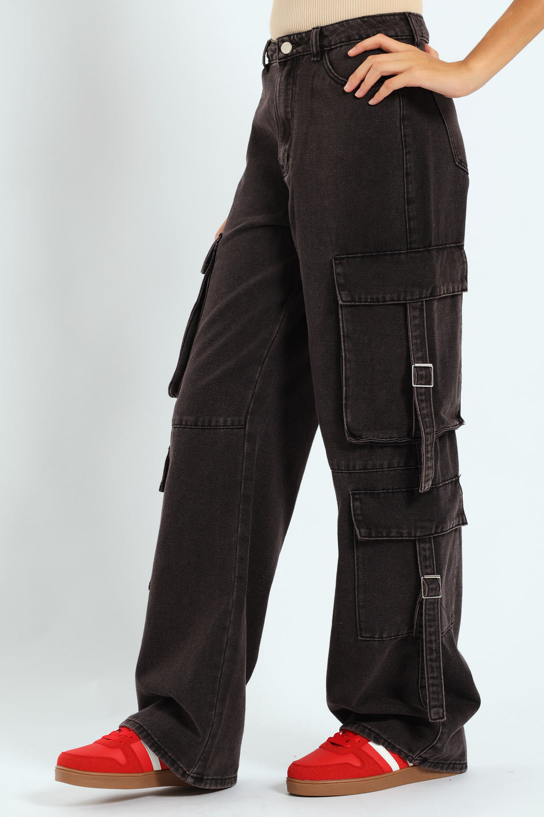 Girls Cargo Straps Denim - Charcoal