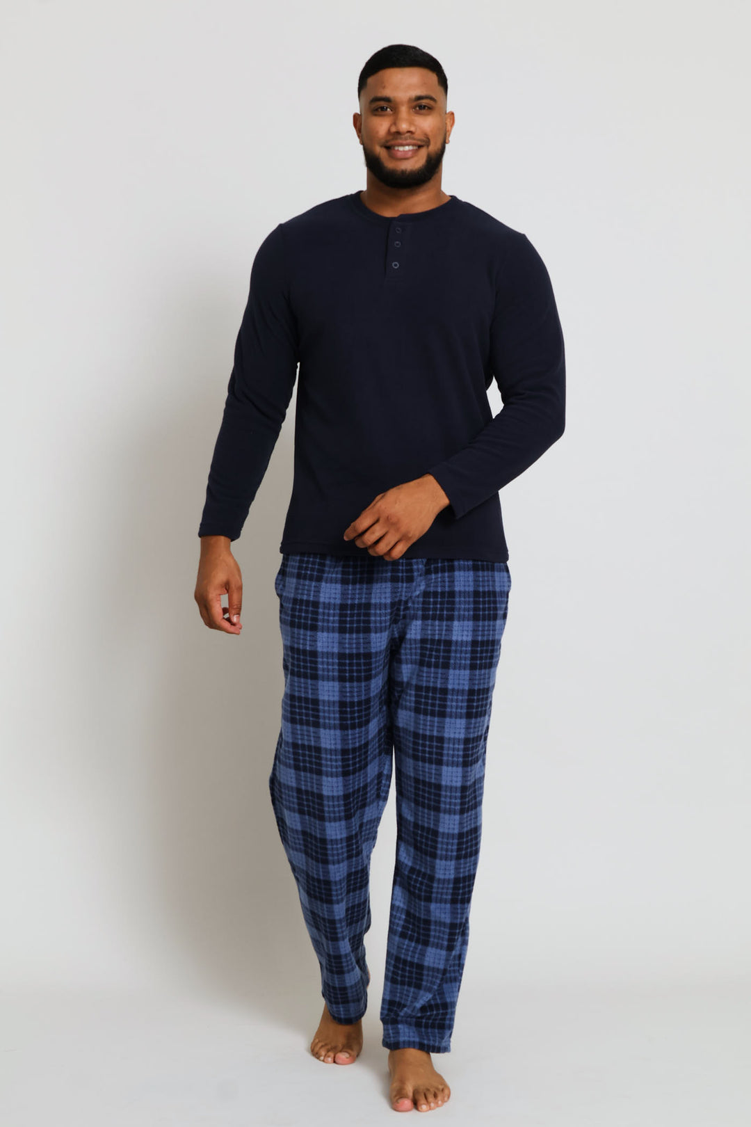 Long Sleeve Polar Fleece Henley Top & Check Pants Set - Navy