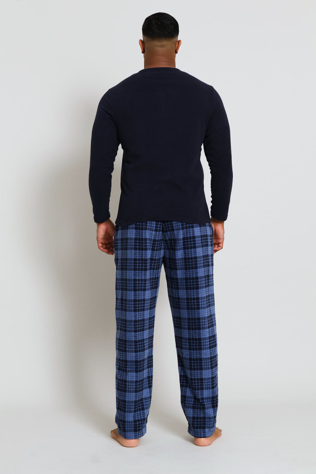 Long Sleeve Polar Fleece Henley Top & Check Pants Set - Navy