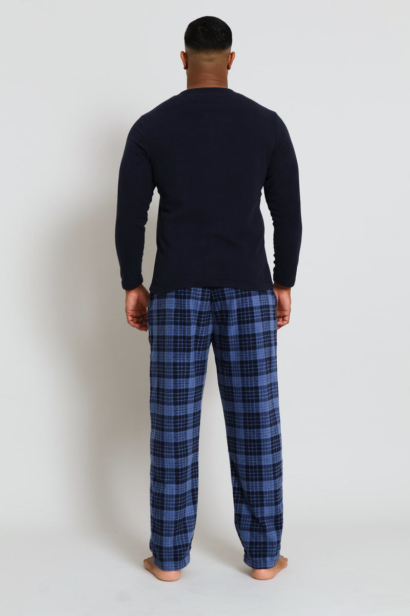 Long Sleeve Polar Fleece Henley Top & Check Pants Set - Navy