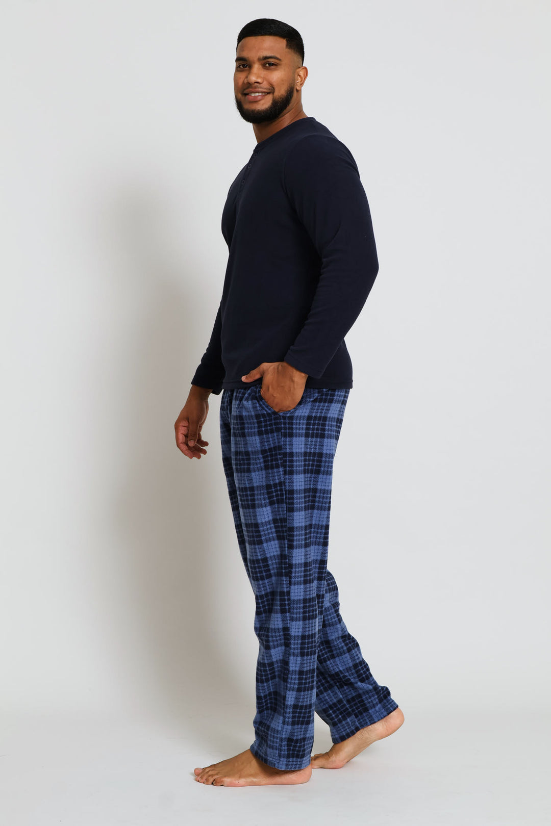 Long Sleeve Polar Fleece Henley Top & Check Pants Set - Navy