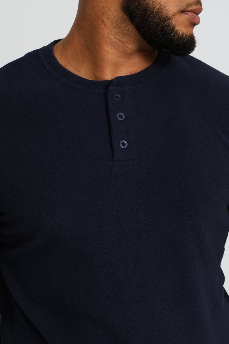 Long Sleeve Polar Fleece Henley Top & Check Pants Set - Navy