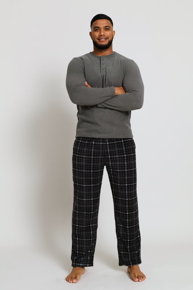 Polar Fleece Long Sleeve Henley Top & Check Pants Set - Dark Grey