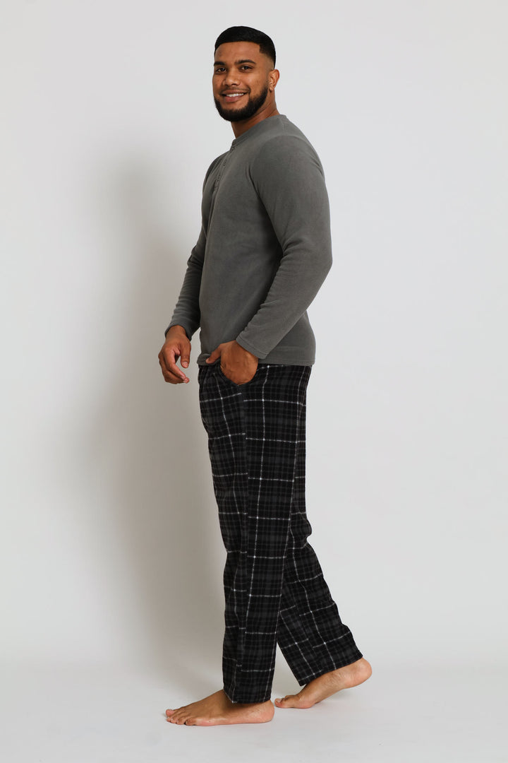 Polar Fleece Long Sleeve Henley Top & Check Pants Set - Dark Grey