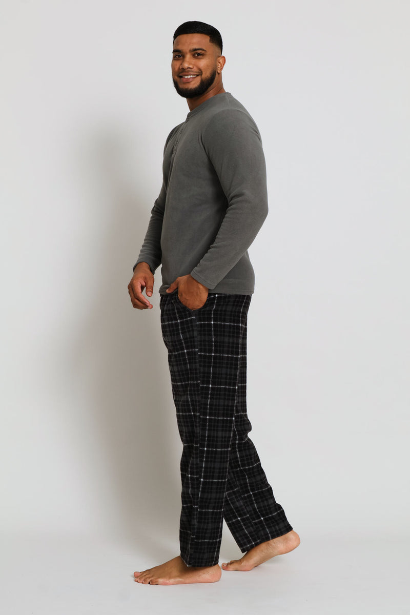 Polar Fleece Long Sleeve Henley Top & Check Pants Set - Dark Grey