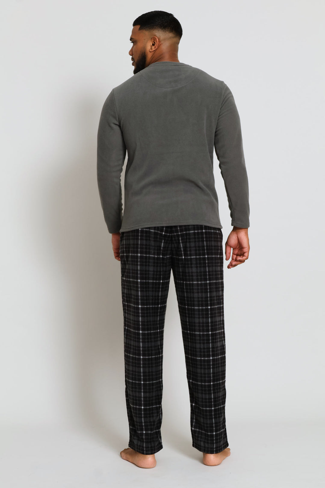 Polar Fleece Long Sleeve Henley Top & Check Pants Set - Dark Grey