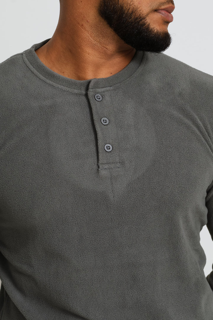 Polar Fleece Long Sleeve Henley Top & Check Pants Set - Dark Grey