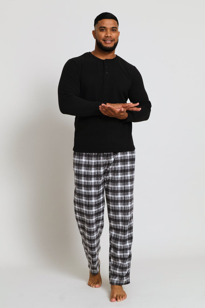 Polar Fleece Long Sleeve Henley Top & Check Pants Set - Black