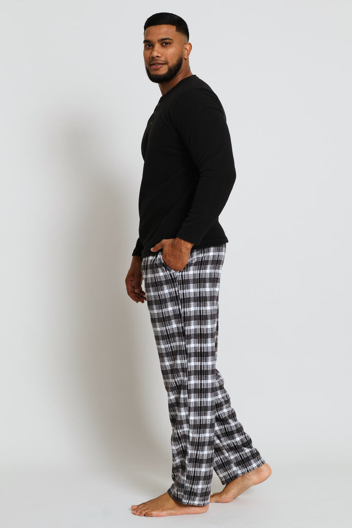 Polar Fleece Long Sleeve Henley Top & Check Pants Set - Black
