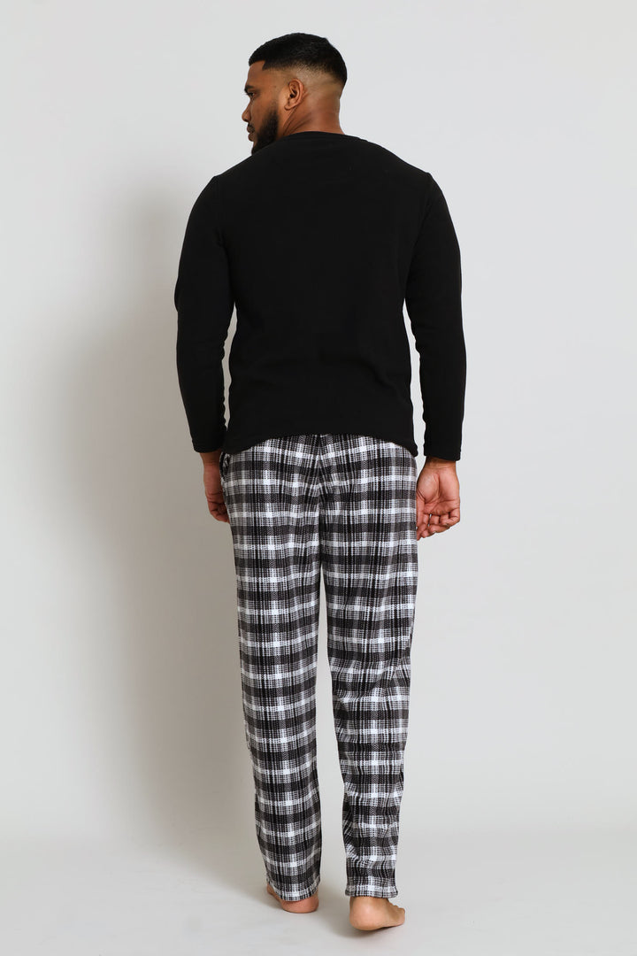 Polar Fleece Long Sleeve Henley Top & Check Pants Set - Black