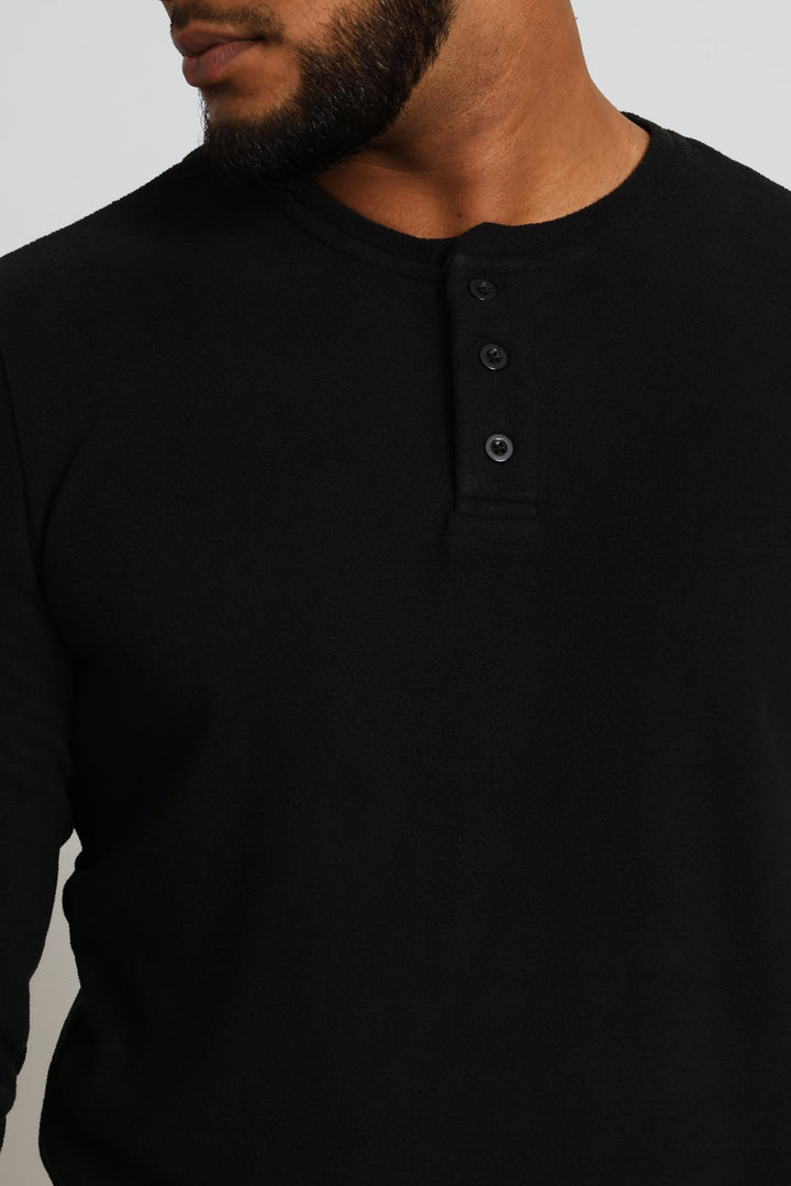 Polar Fleece Long Sleeve Henley Top & Check Pants Set - Black