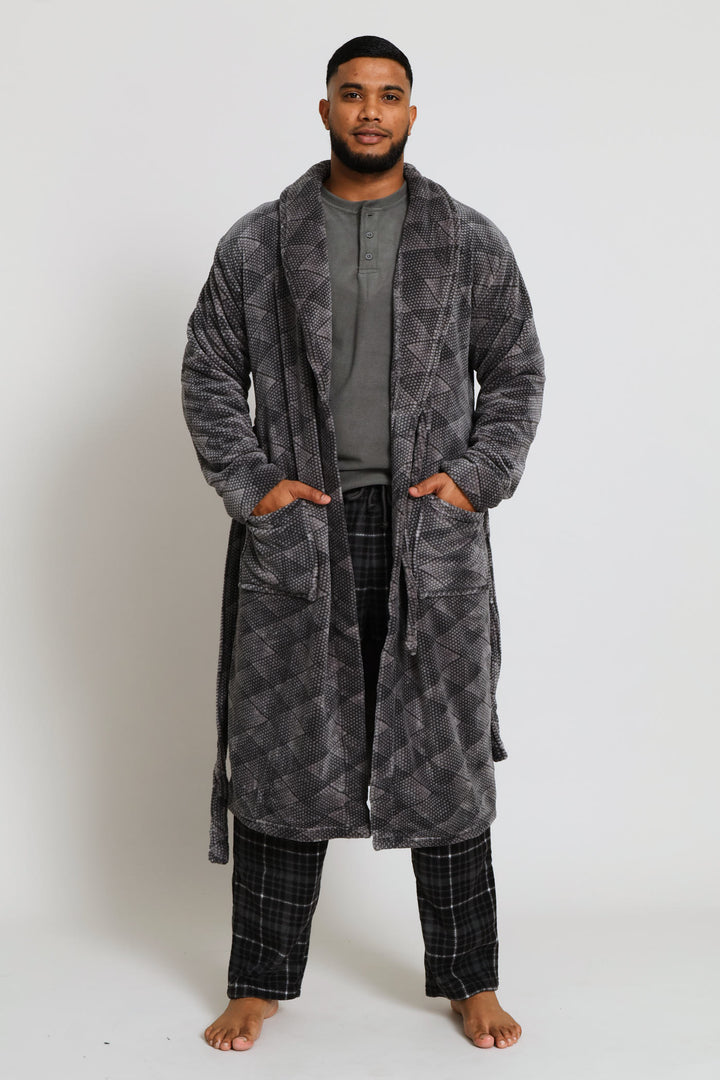 Plush Coral Fleece Shawl Collar Gown - Grey