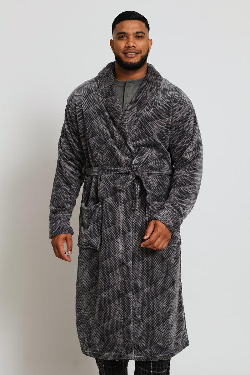 Plush Coral Fleece Shawl Collar Gown - Grey
