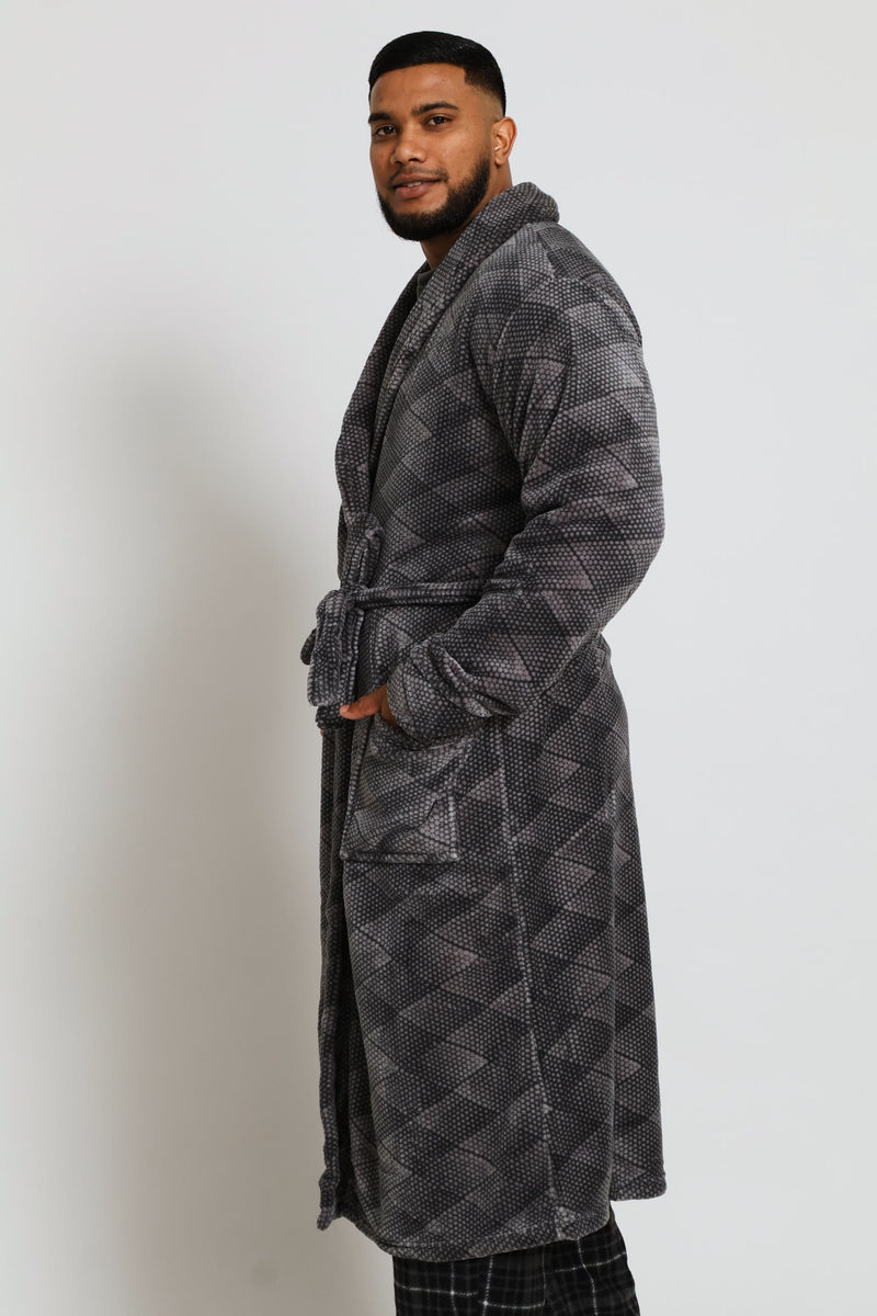 Plush Coral Fleece Shawl Collar Gown - Grey