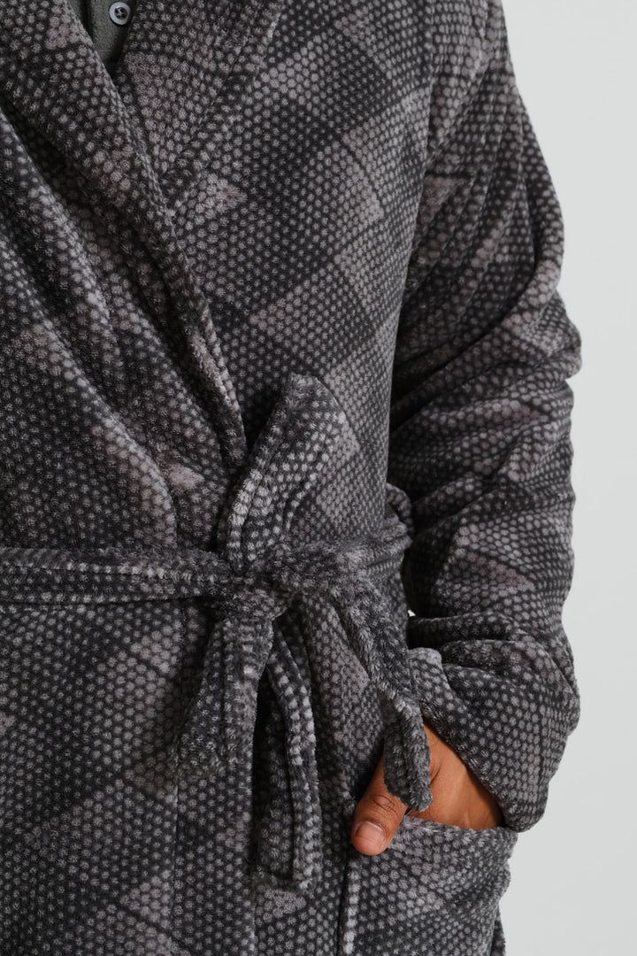 Plush Coral Fleece Shawl Collar Gown - Grey