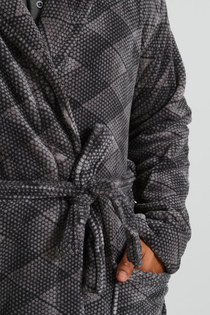 Plush Coral Fleece Shawl Collar Gown - Grey