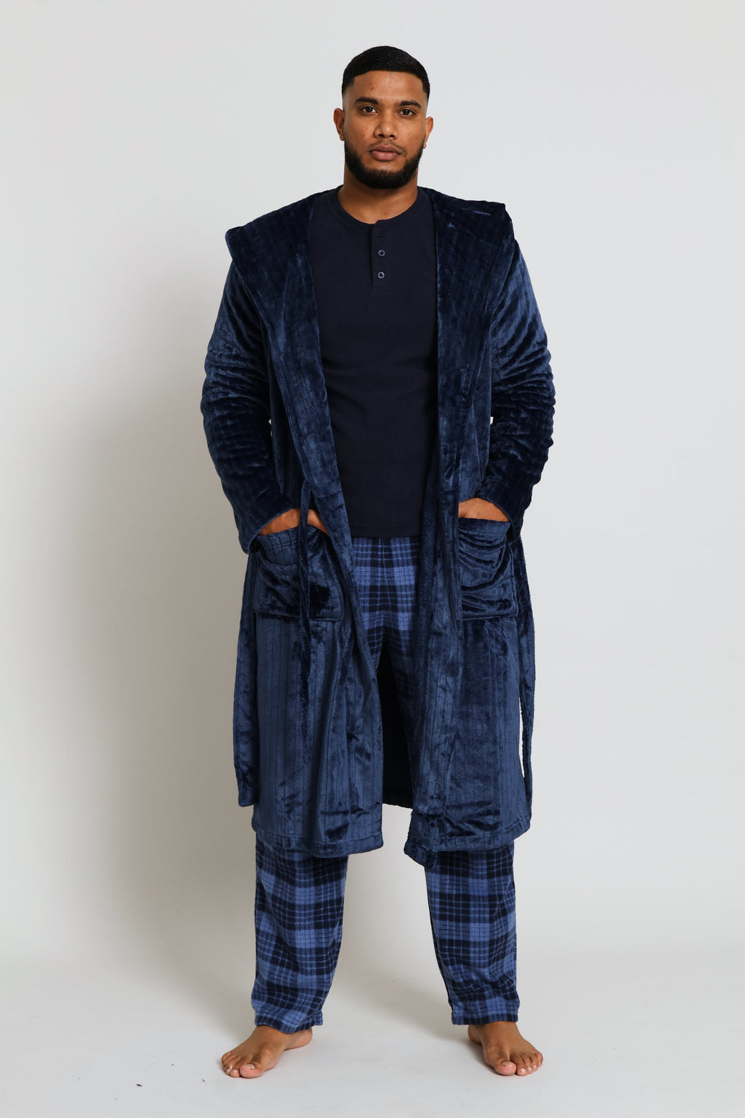 Flannel Fleece Hooded Gown - Dark Blue