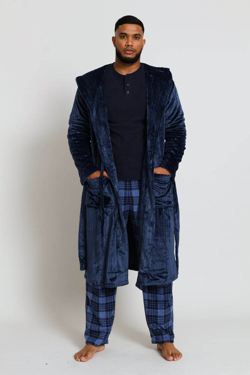 Flannel Fleece Hooded Gown - Dark Blue