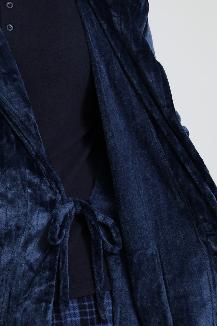 Flannel Fleece Hooded Gown - Dark Blue