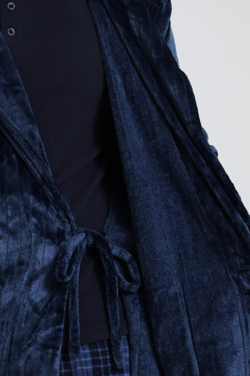 Flannel Fleece Hooded Gown - Dark Blue