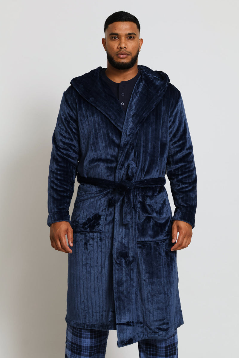 Flannel Fleece Hooded Gown - Dark Blue