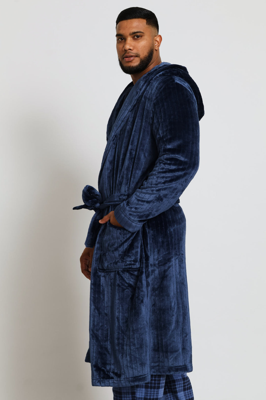 Flannel Fleece Hooded Gown - Dark Blue