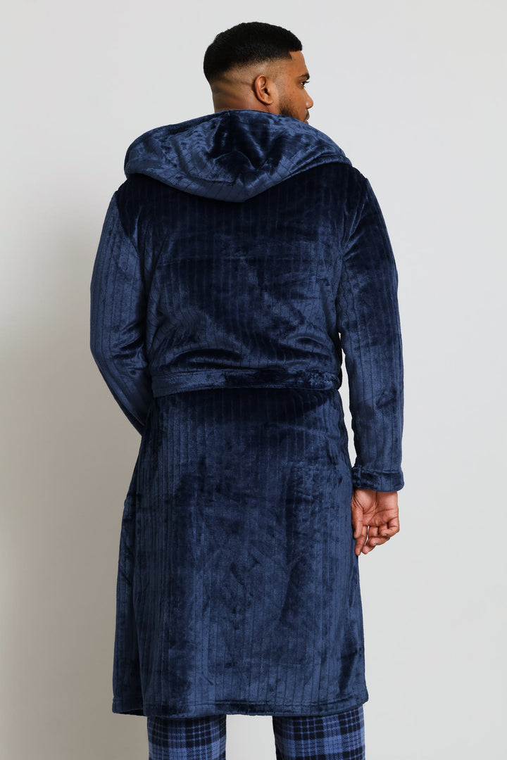Flannel Fleece Hooded Gown - Dark Blue