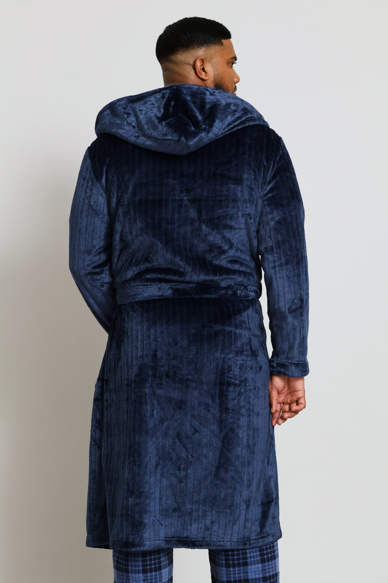 Flannel Fleece Hooded Gown - Dark Blue