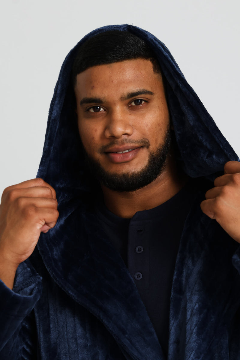 Flannel Fleece Hooded Gown - Dark Blue