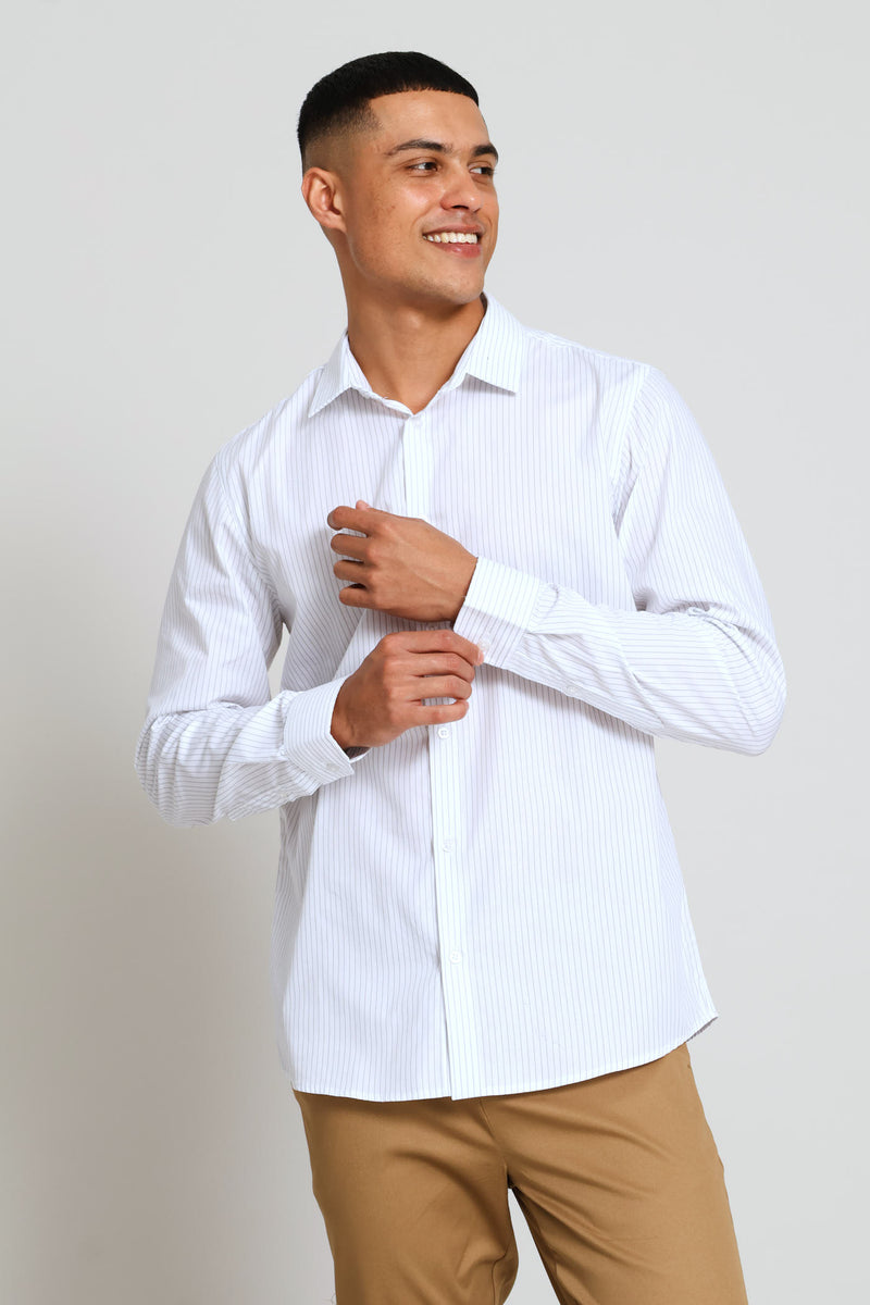 Long Sleeve Stripe Textured Shirt - White/Grey