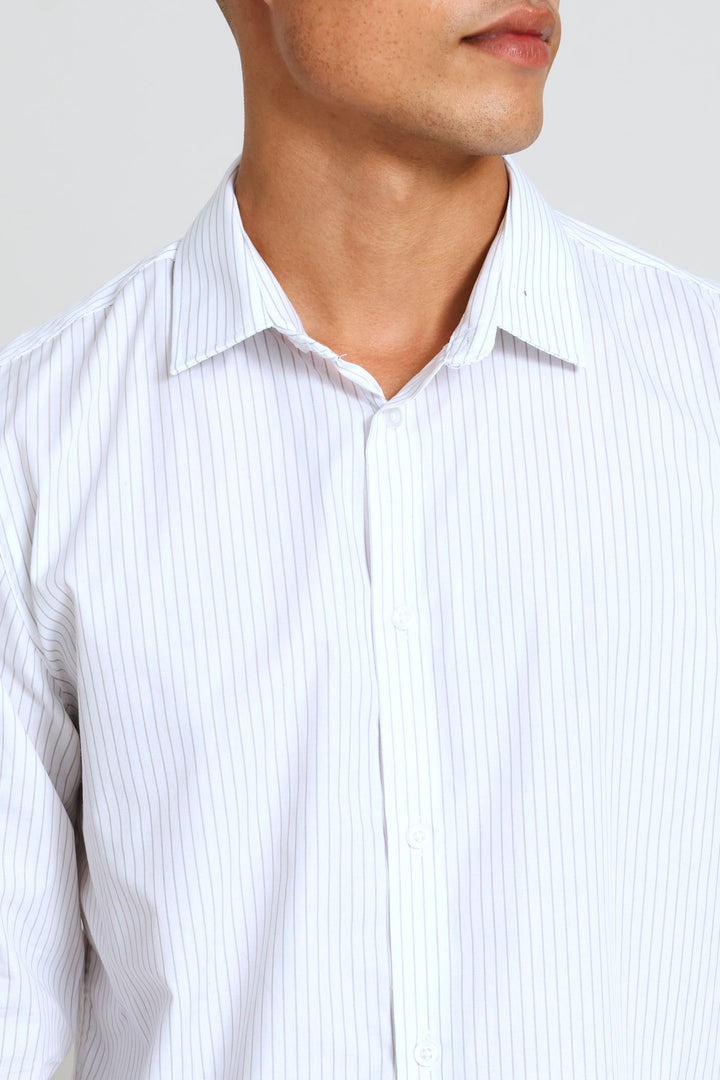 Long Sleeve Stripe Textured Shirt - White/Grey