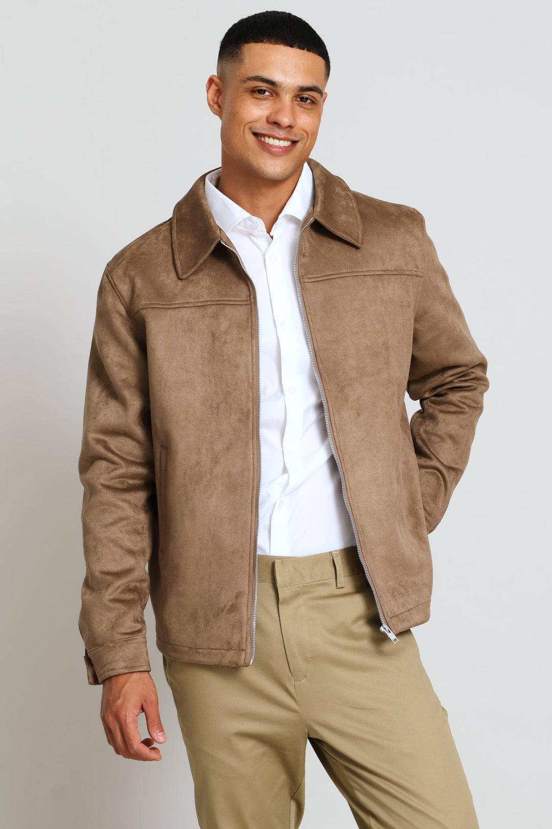 Long Sleeve Suede Shacket - Dark Beige