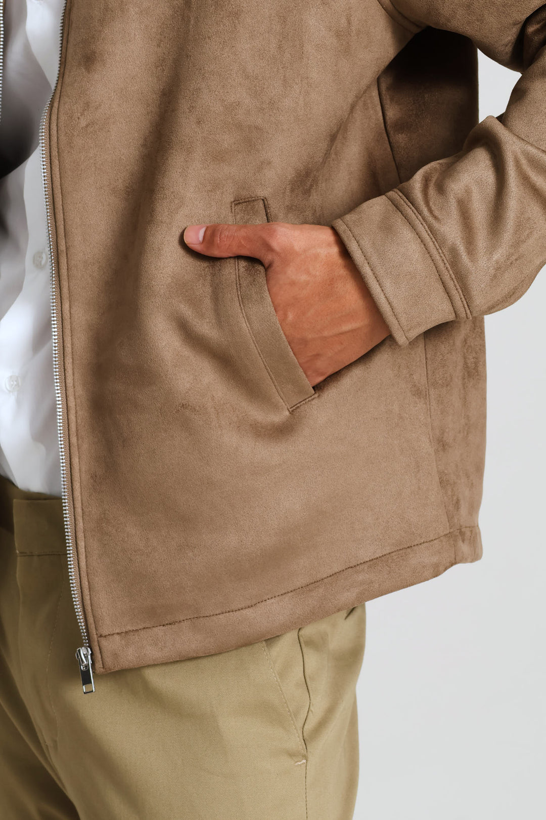 Long Sleeve Suede Shacket - Dark Beige