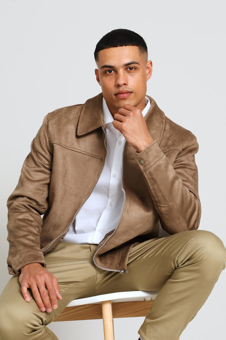 Long Sleeve Suede Shacket - Dark Beige
