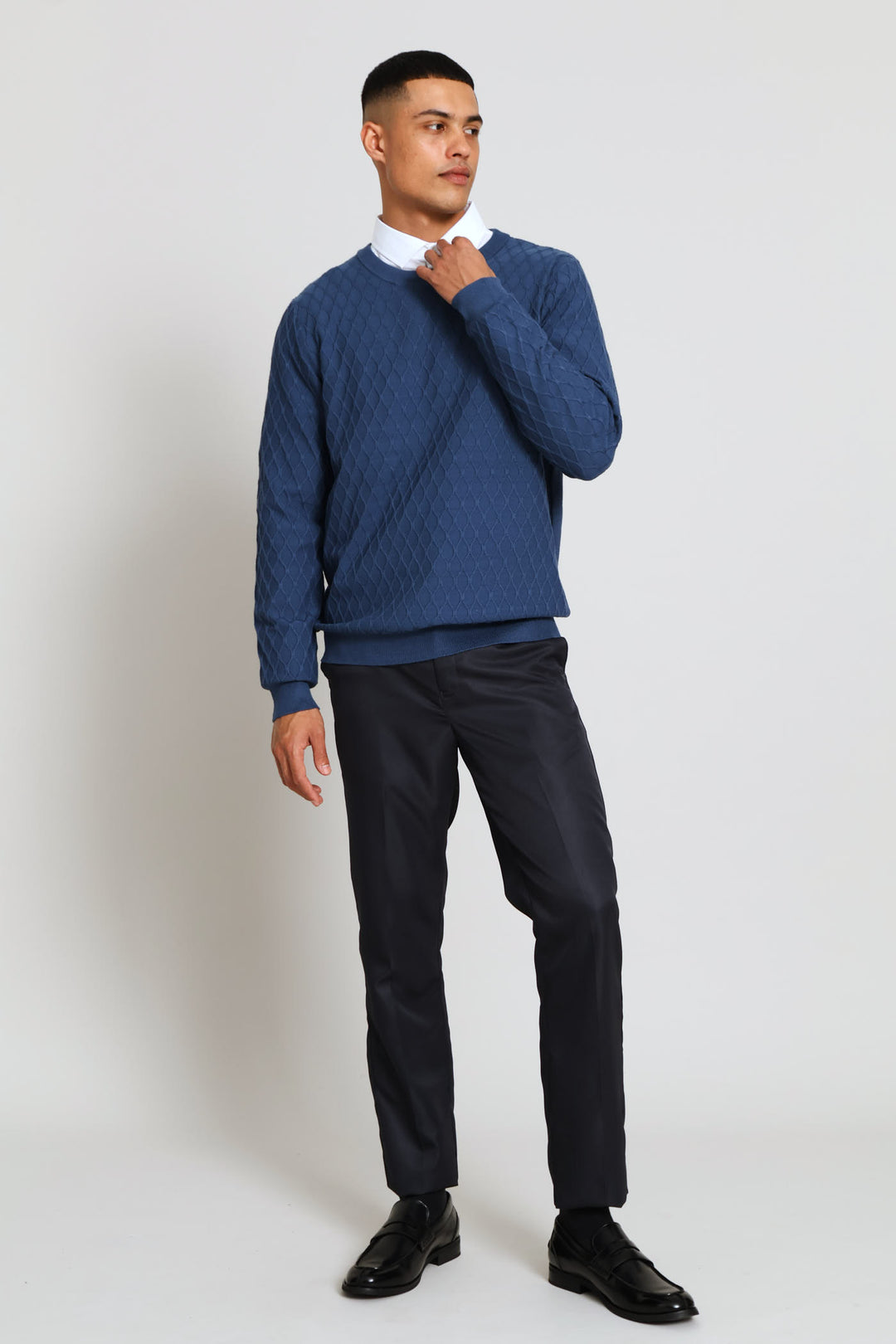 Long Sleeve Textured Weave Pullover - Steel Blue