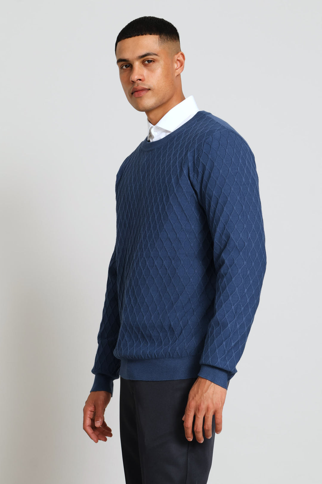 Long Sleeve Textured Weave Pullover - Steel Blue