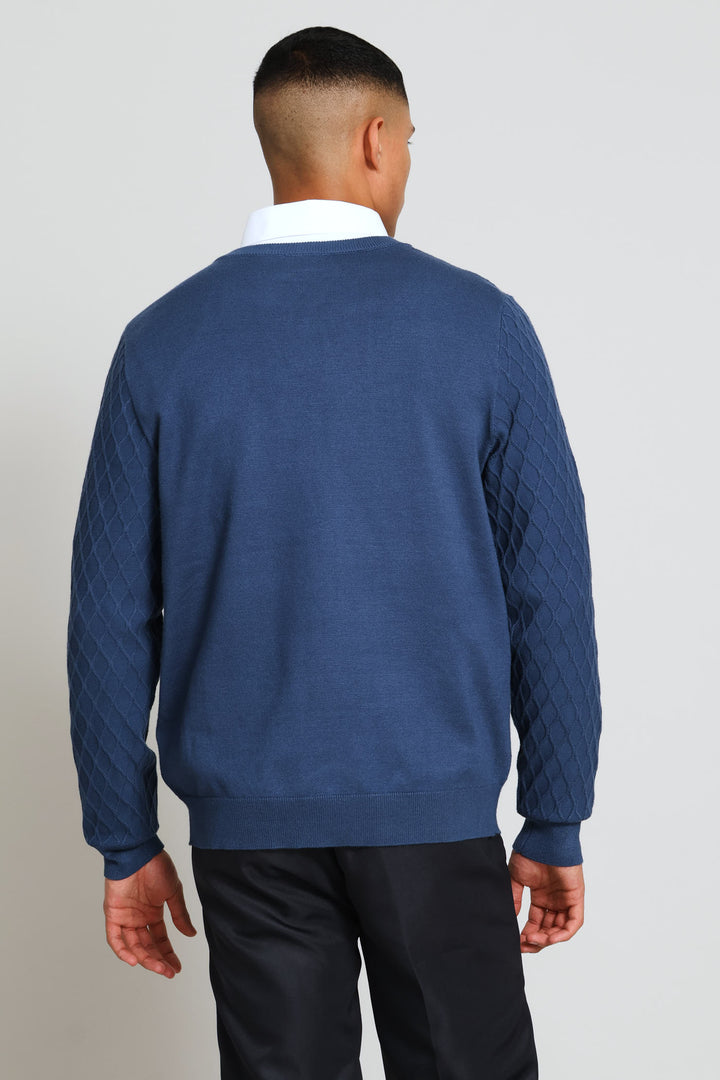 Long Sleeve Textured Weave Pullover - Steel Blue