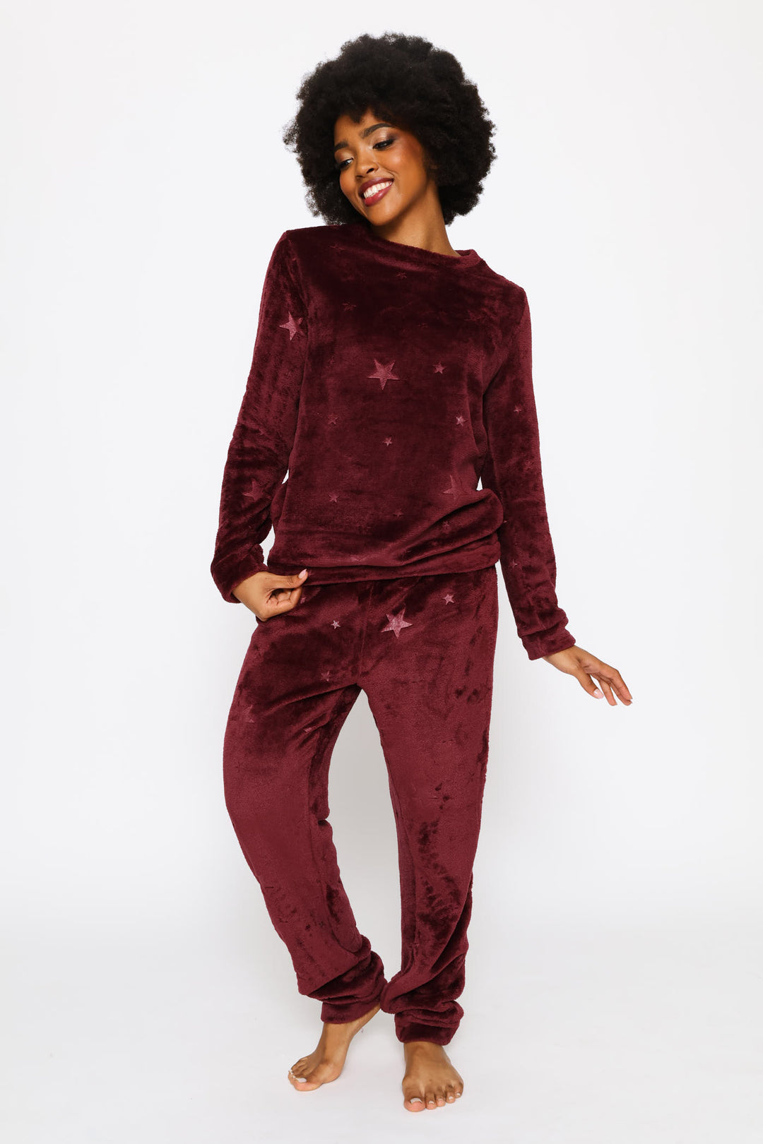 Long Sleeve Embossed Jogger Set - Burgundy