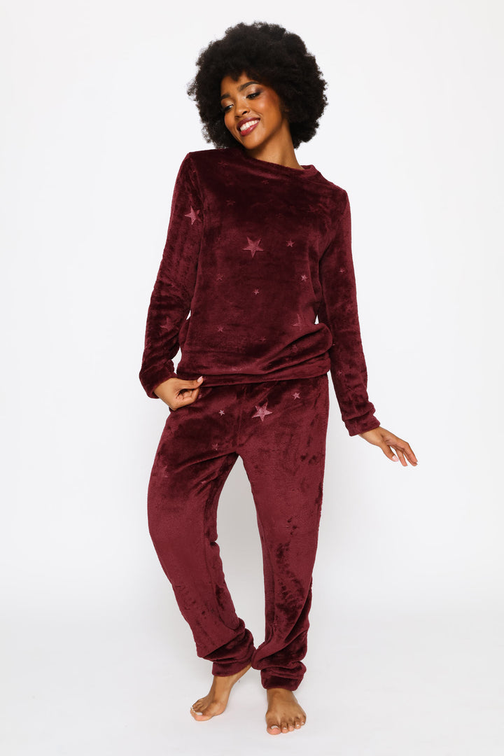 Long Sleeve Embossed Jogger Set - Burgundy