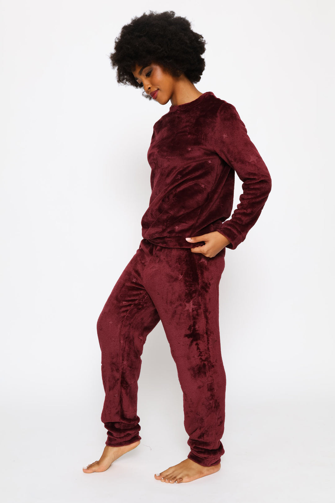Long Sleeve Embossed Jogger Set - Burgundy